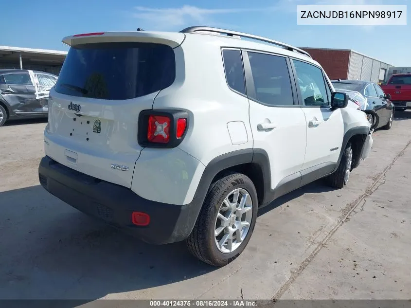 2022 Jeep Renegade Latitude 4X4 VIN: ZACNJDB16NPN98917 Lot: 40124375