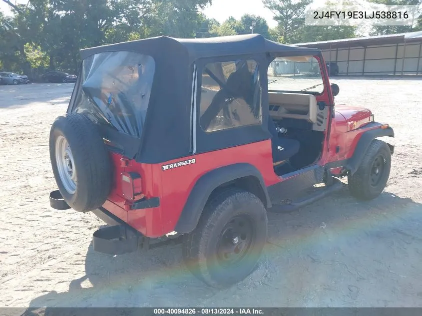 1990 Jeep Wrangler / Yj S VIN: 2J4FY19E3LJ538816 Lot: 40094826