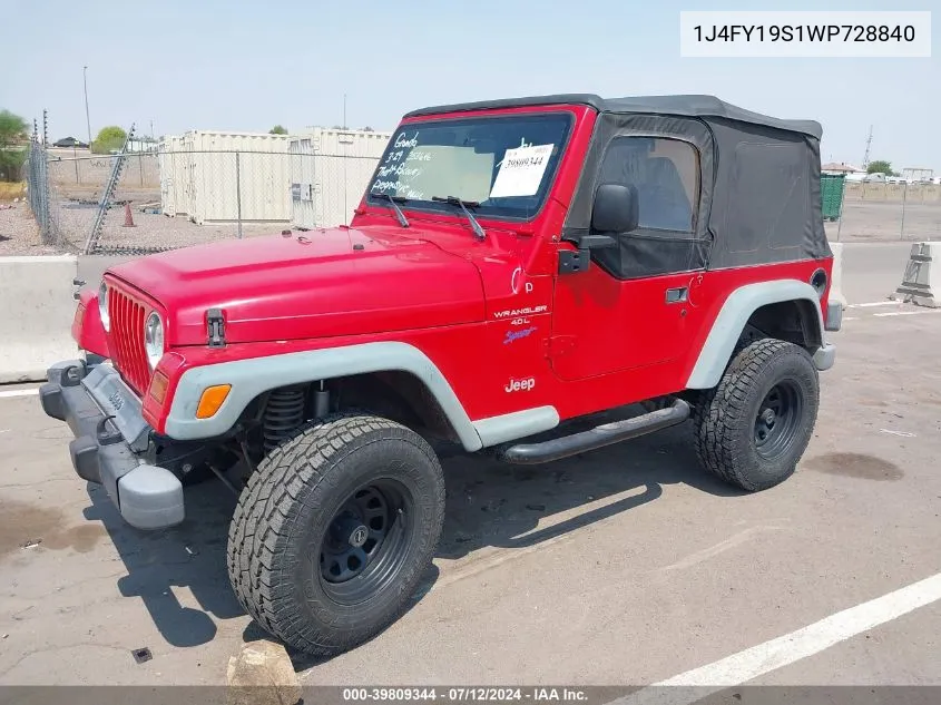 1998 Jeep Wrangler Sport VIN: 1J4FY19S1WP728840 Lot: 39809344