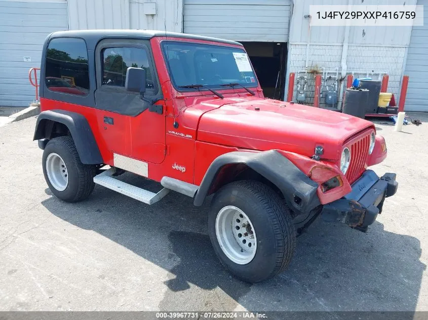 1999 Jeep Wrangler Se VIN: 1J4FY29PXXP416759 Lot: 39967731