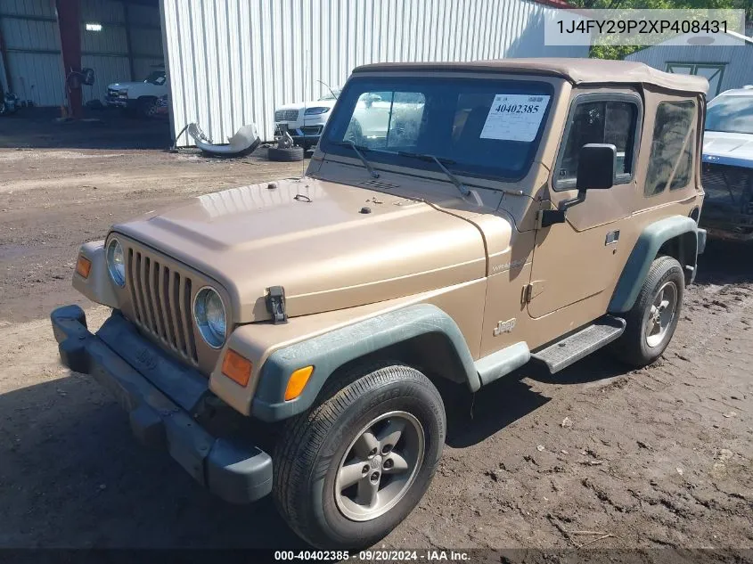 1999 Jeep Wrangler Se VIN: 1J4FY29P2XP408431 Lot: 40402385