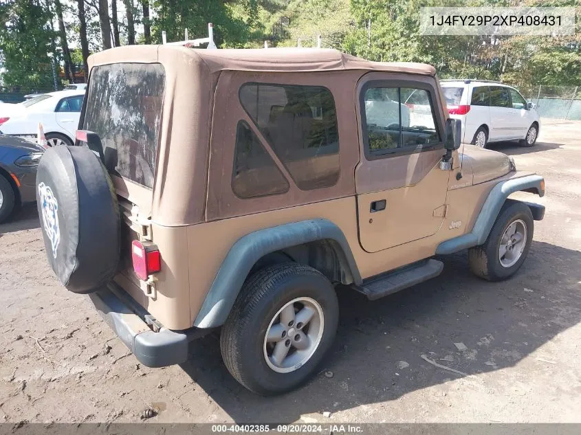 1999 Jeep Wrangler Se VIN: 1J4FY29P2XP408431 Lot: 40402385