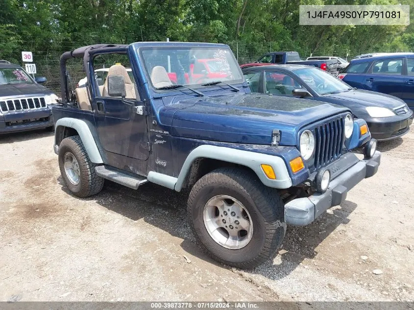 2000 Jeep Wrangler Sport VIN: 1J4FA49S0YP791081 Lot: 39873778