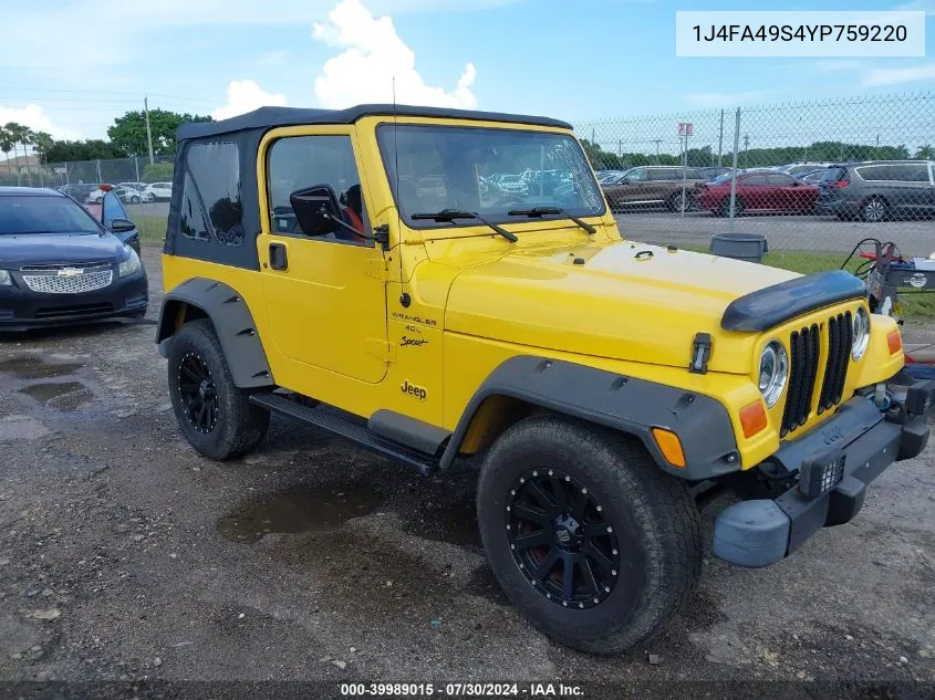 1J4FA49S4YP759220 2000 Jeep Wrangler Sport