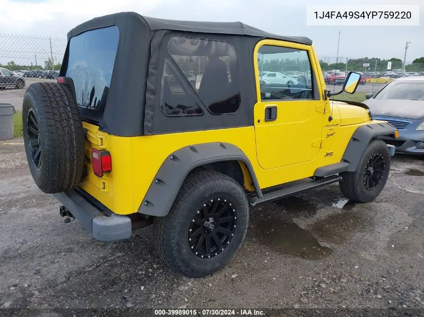 2000 Jeep Wrangler Sport VIN: 1J4FA49S4YP759220 Lot: 39989015