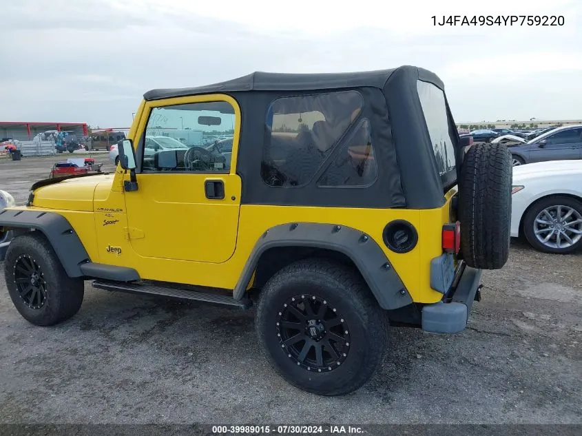 1J4FA49S4YP759220 2000 Jeep Wrangler Sport