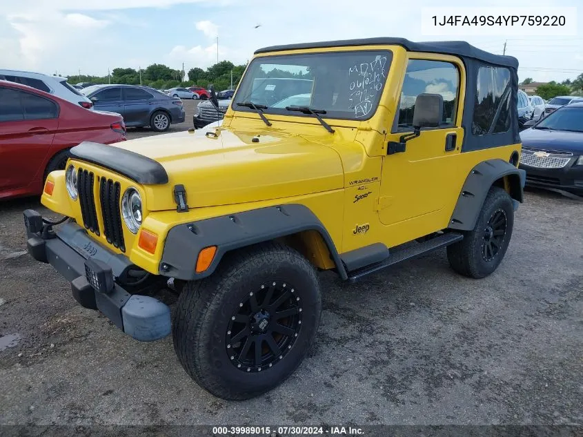 2000 Jeep Wrangler Sport VIN: 1J4FA49S4YP759220 Lot: 39989015