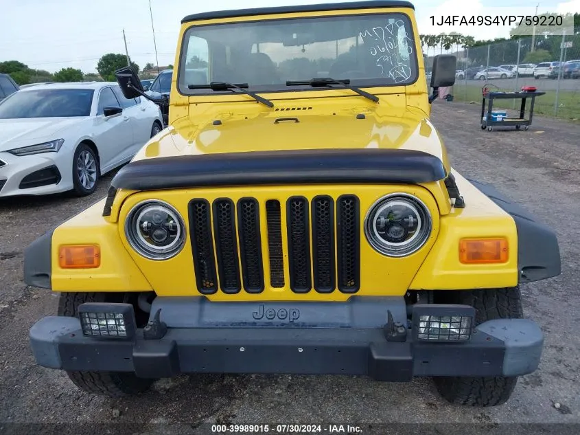 2000 Jeep Wrangler Sport VIN: 1J4FA49S4YP759220 Lot: 39989015