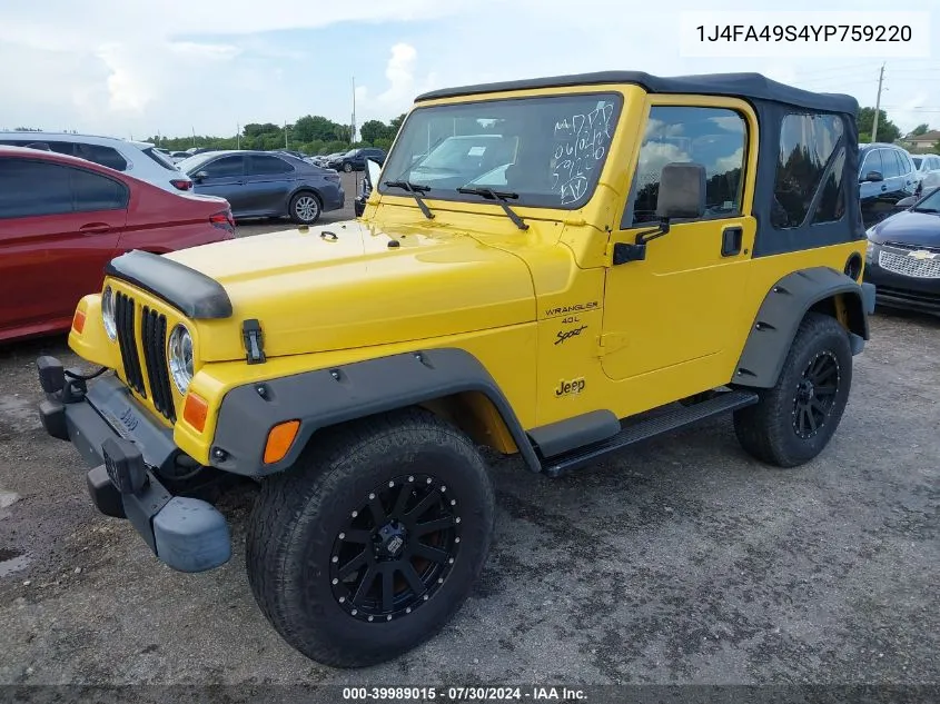 2000 Jeep Wrangler Sport VIN: 1J4FA49S4YP759220 Lot: 39989015