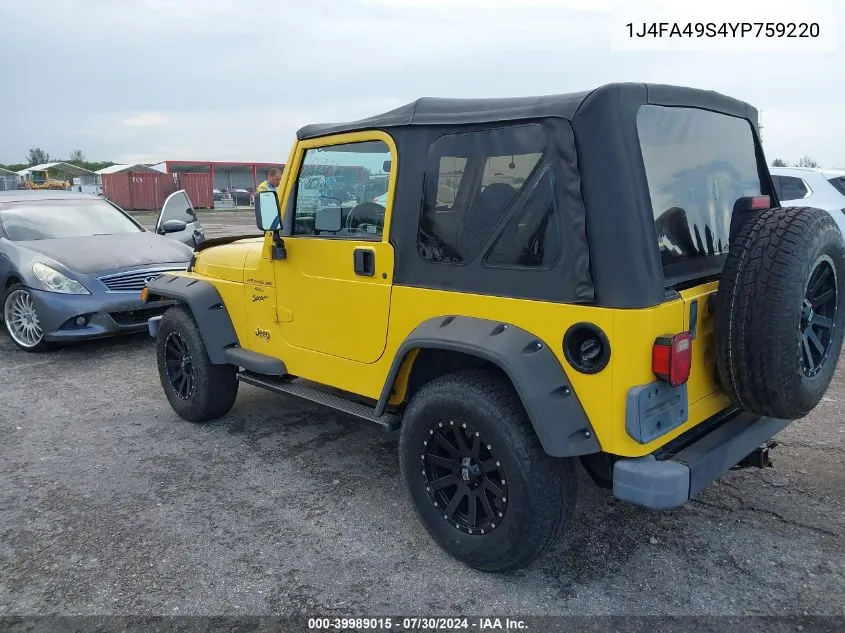 2000 Jeep Wrangler Sport VIN: 1J4FA49S4YP759220 Lot: 39989015