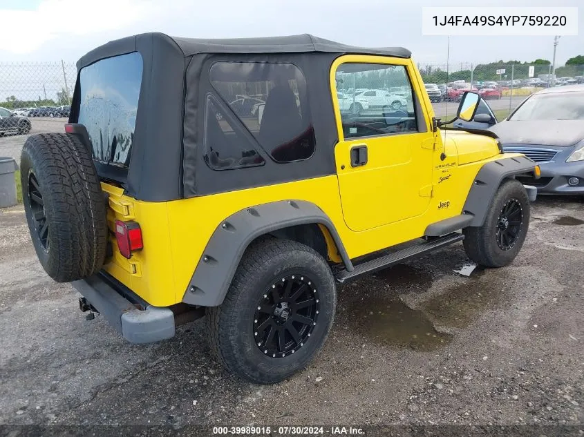 2000 Jeep Wrangler Sport VIN: 1J4FA49S4YP759220 Lot: 39989015