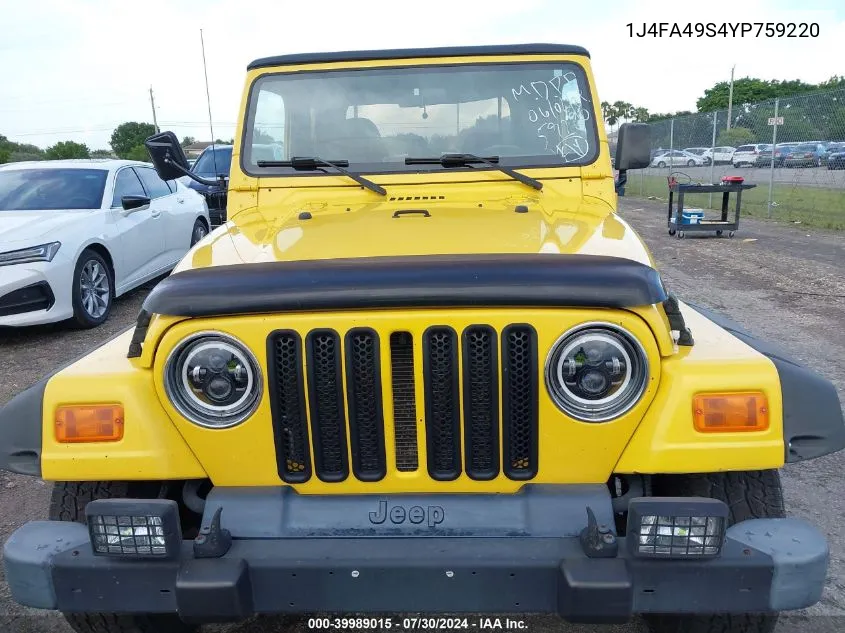 2000 Jeep Wrangler Sport VIN: 1J4FA49S4YP759220 Lot: 39989015