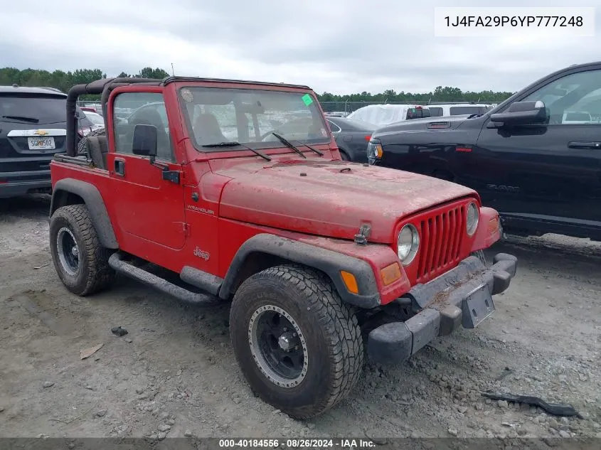 2000 Jeep Wrangler Se VIN: 1J4FA29P6YP777248 Lot: 40184556