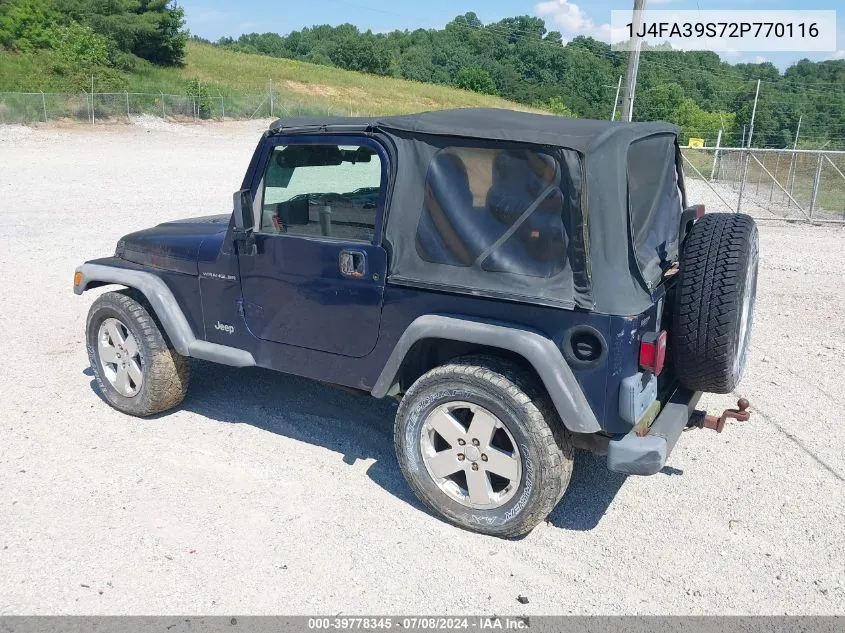 2002 Jeep Wrangler X VIN: 1J4FA39S72P770116 Lot: 39778345