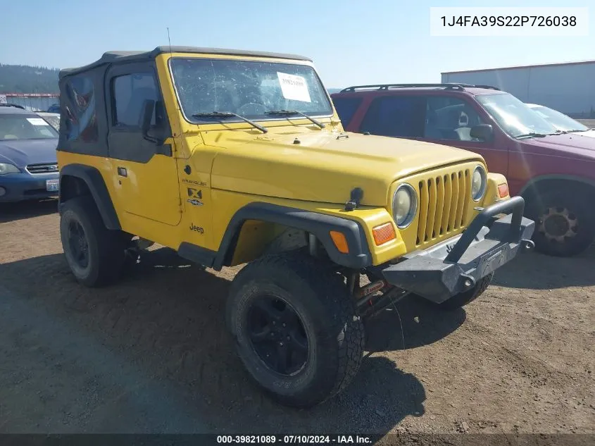 2002 Jeep Wrangler X VIN: 1J4FA39S22P726038 Lot: 39821089