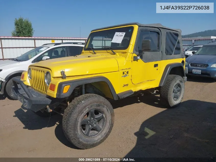 2002 Jeep Wrangler X VIN: 1J4FA39S22P726038 Lot: 39821089