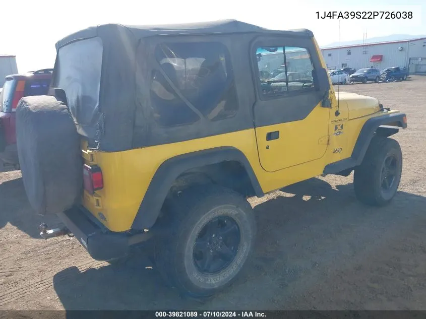 2002 Jeep Wrangler X VIN: 1J4FA39S22P726038 Lot: 39821089