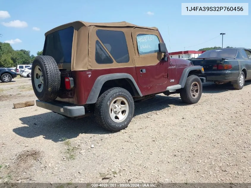 2002 Jeep Wrangler X VIN: 1J4FA39S32P760456 Lot: 40287001