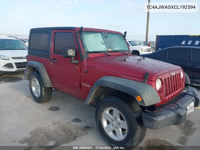 2012 Jeep Wrangler Sport VIN: 1C4AJWAGXCL192594 Lot: 39885091