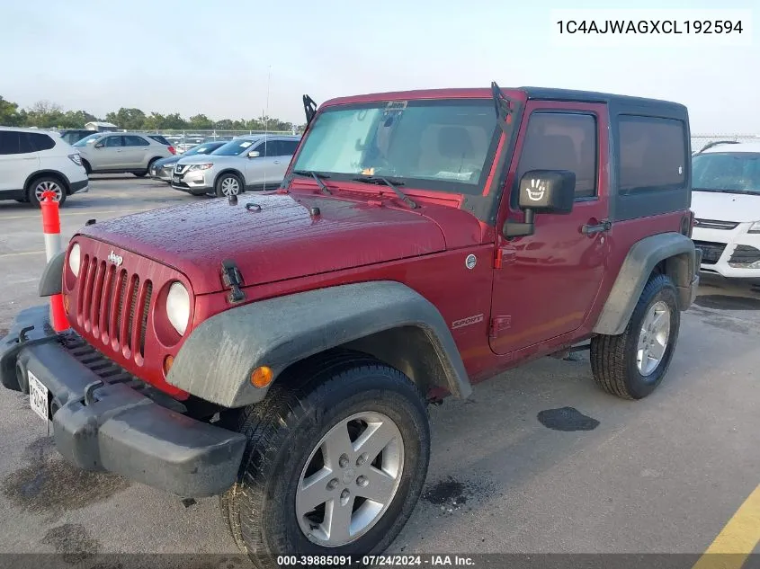 2012 Jeep Wrangler Sport VIN: 1C4AJWAGXCL192594 Lot: 39885091