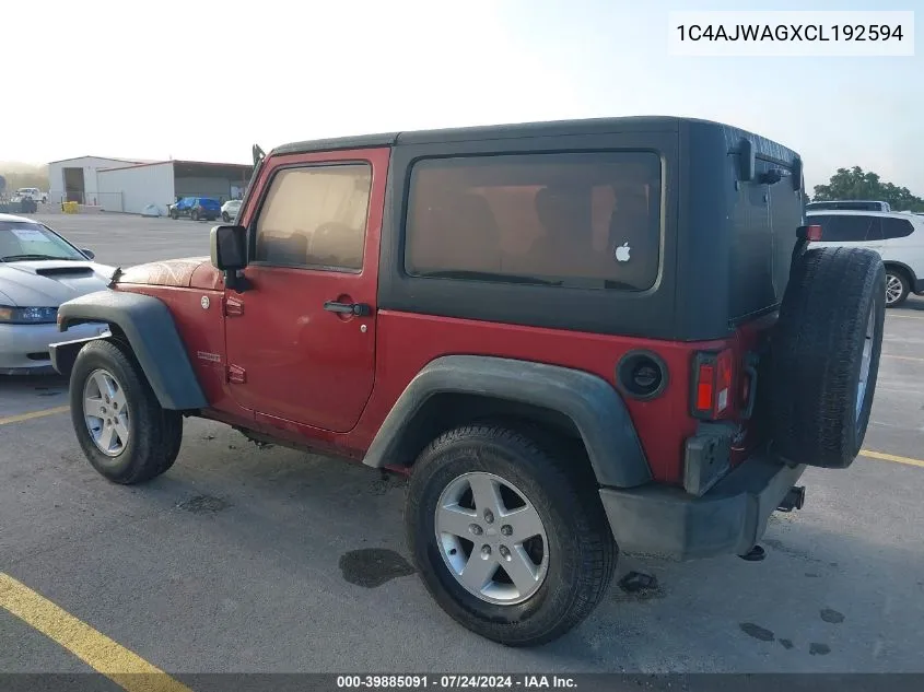 2012 Jeep Wrangler Sport VIN: 1C4AJWAGXCL192594 Lot: 39885091