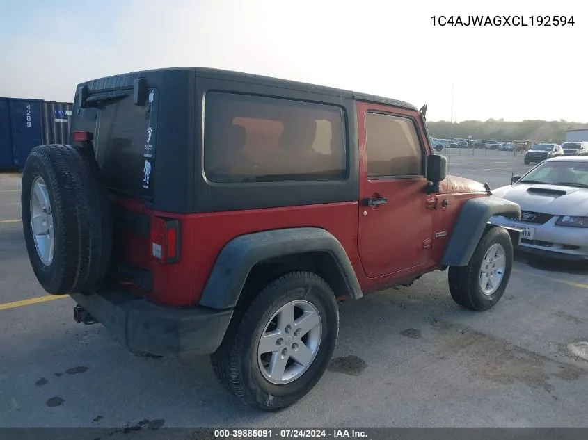 2012 Jeep Wrangler Sport VIN: 1C4AJWAGXCL192594 Lot: 39885091