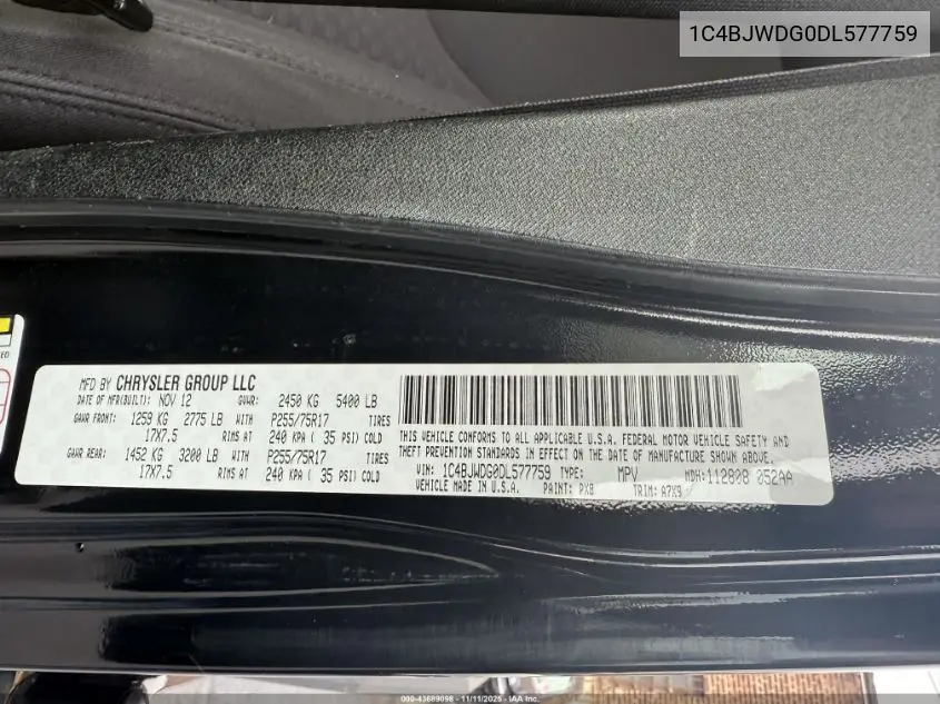 1C4BJWDG0DL577759 2013 Jeep Wrangler Unlimited Sport