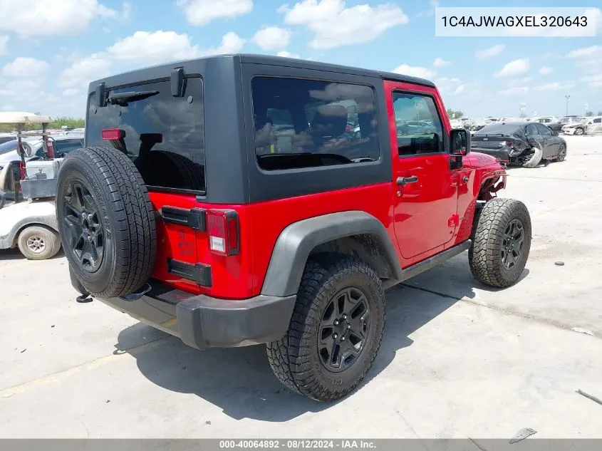 2014 Jeep Wrangler Willys Wheeler VIN: 1C4AJWAGXEL320643 Lot: 40064892