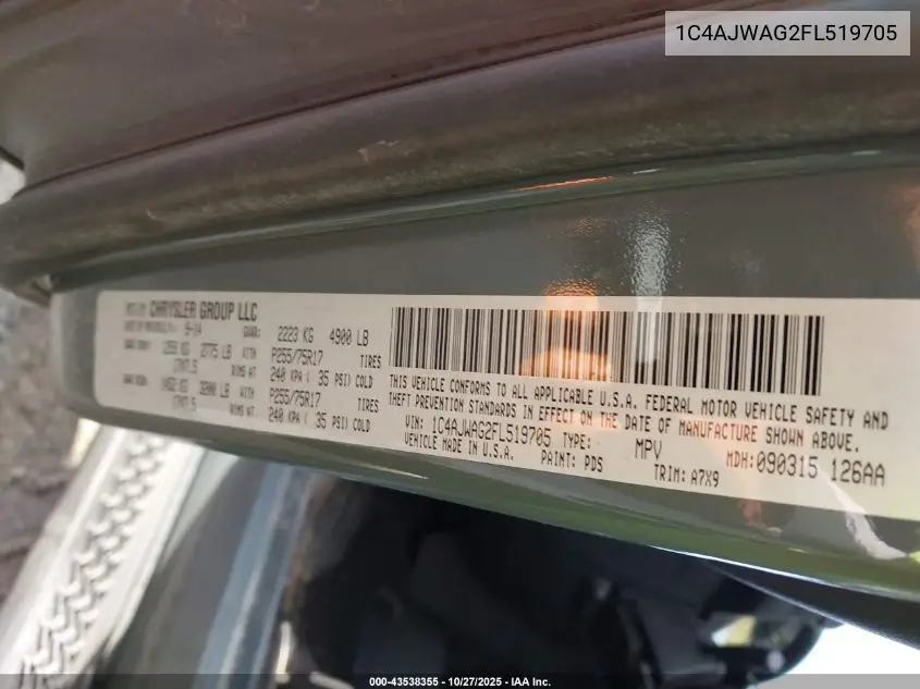 1C4AJWAG2FL519705 2015 Jeep Wrangler Sport
