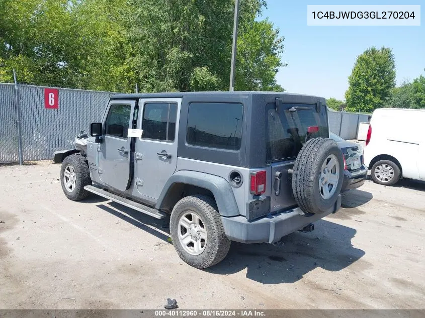 2016 Jeep Wrangler Unlimited Sport VIN: 1C4BJWDG3GL270204 Lot: 40112960