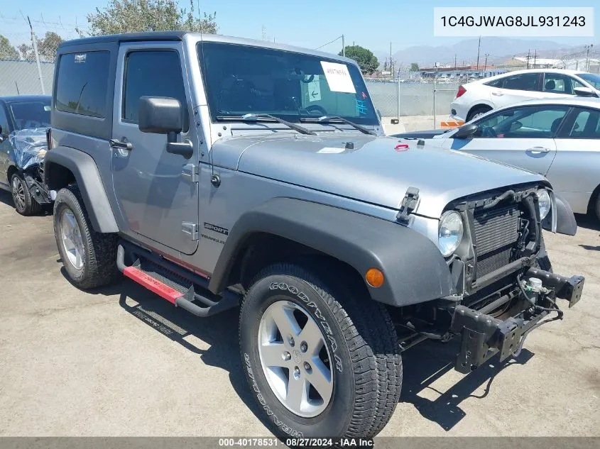 2018 Jeep Wrangler Jk Sport S 4X4 VIN: 1C4GJWAG8JL931243 Lot: 40178531