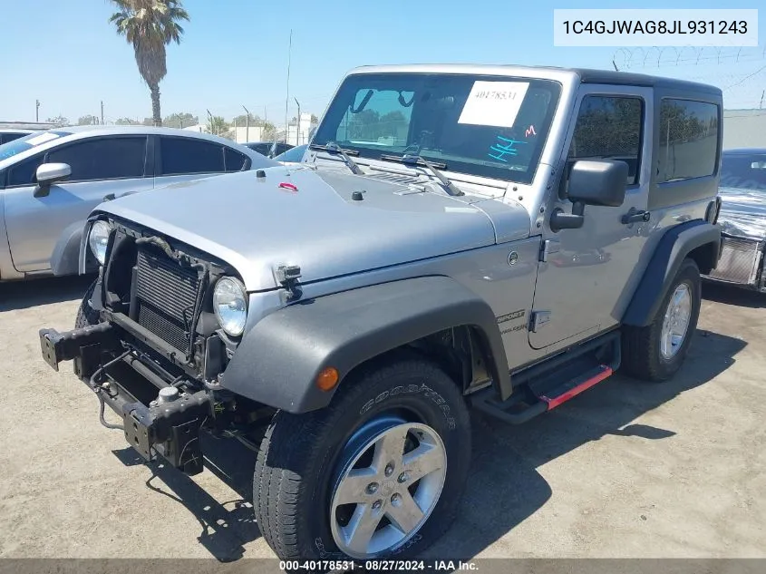 2018 Jeep Wrangler Jk Sport S 4X4 VIN: 1C4GJWAG8JL931243 Lot: 40178531