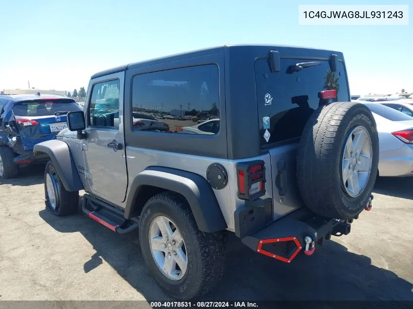 2018 Jeep Wrangler Jk Sport S 4X4 VIN: 1C4GJWAG8JL931243 Lot: 40178531