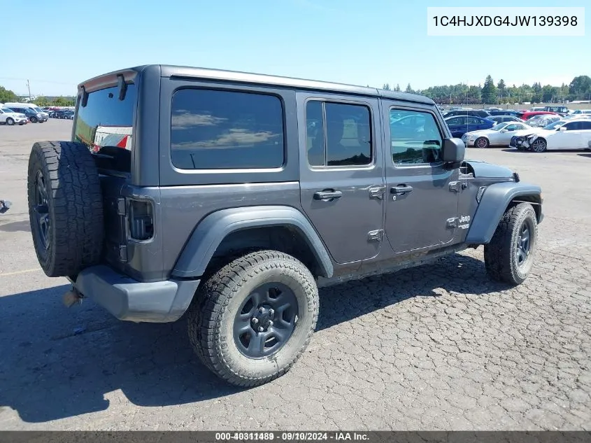 1C4HJXDG4JW139398 2018 Jeep Wrangler Unlimited Sport 4X4