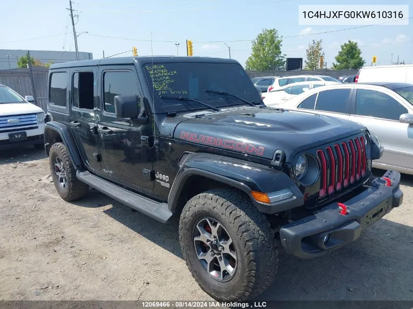 2019 Jeep Wrangler Unlimited Rubicon VIN: 1C4HJXFG0KW610316 Lot: 12069466