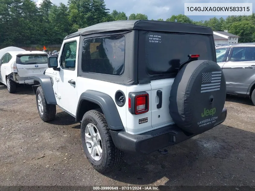 2019 Jeep Wrangler Sport S 4X4 VIN: 1C4GJXAG0KW583315 Lot: 39990649