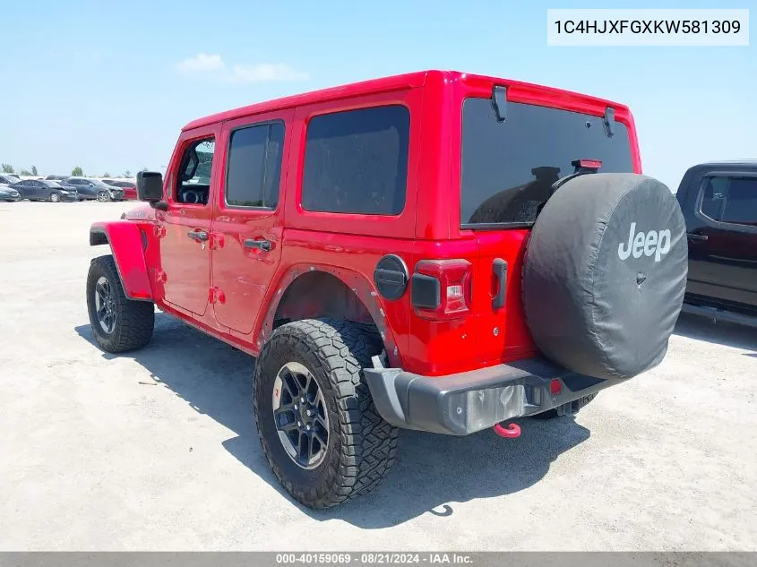 2019 Jeep Wrangler Unlimited Rubicon VIN: 1C4HJXFGXKW581309 Lot: 40159069