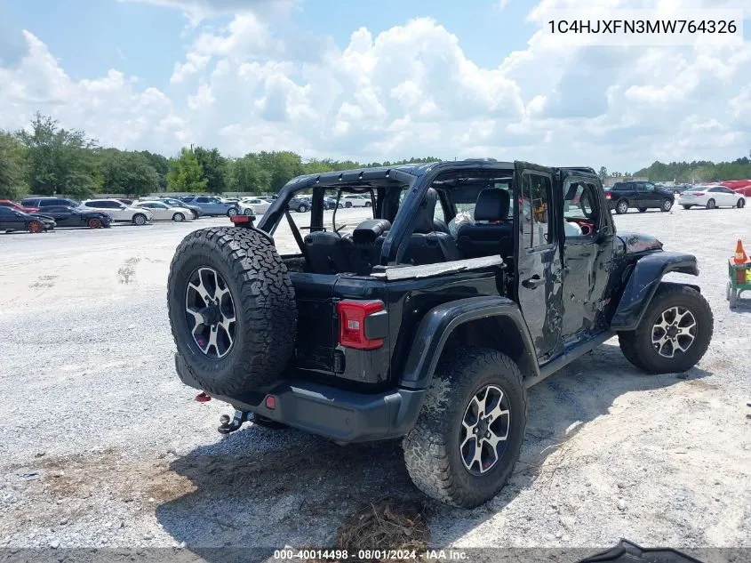 2021 Jeep Wrangler Unlimited Rubicon 4X4 VIN: 1C4HJXFN3MW764326 Lot: 40014498