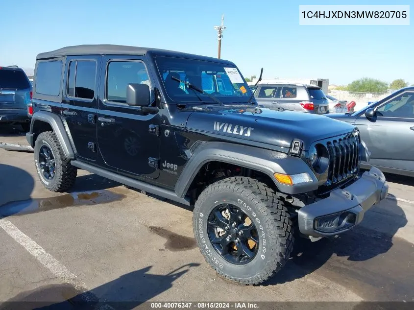 2021 Jeep Wrangler Unlimited Willys 4X4 VIN: 1C4HJXDN3MW820705 Lot: 40076347