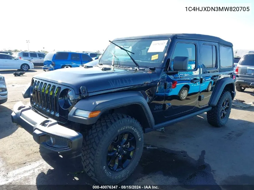 2021 Jeep Wrangler Unlimited Willys 4X4 VIN: 1C4HJXDN3MW820705 Lot: 40076347