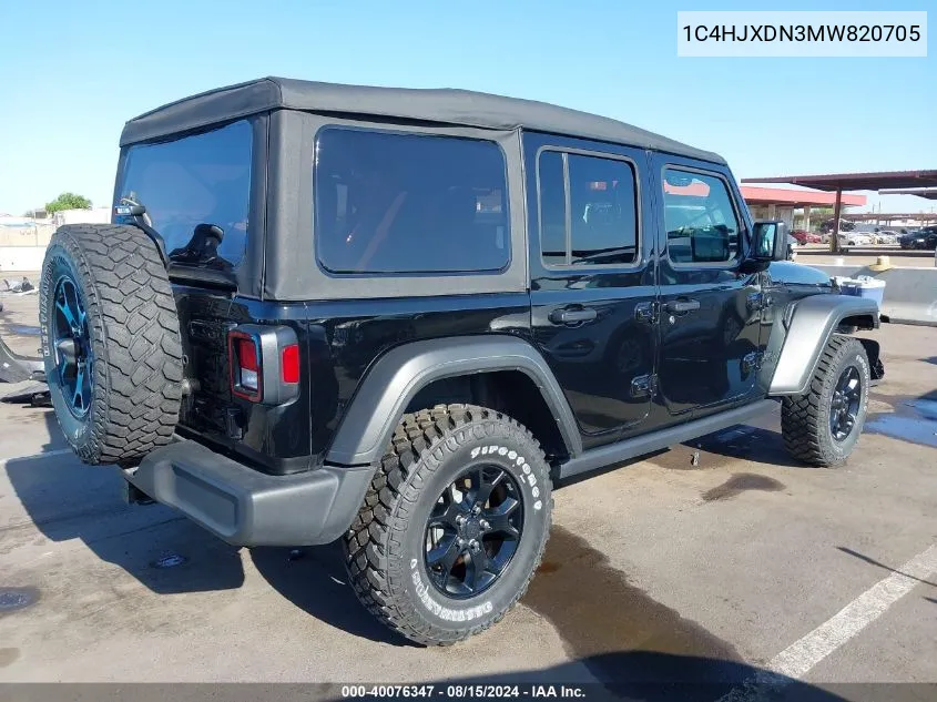 2021 Jeep Wrangler Unlimited Willys 4X4 VIN: 1C4HJXDN3MW820705 Lot: 40076347