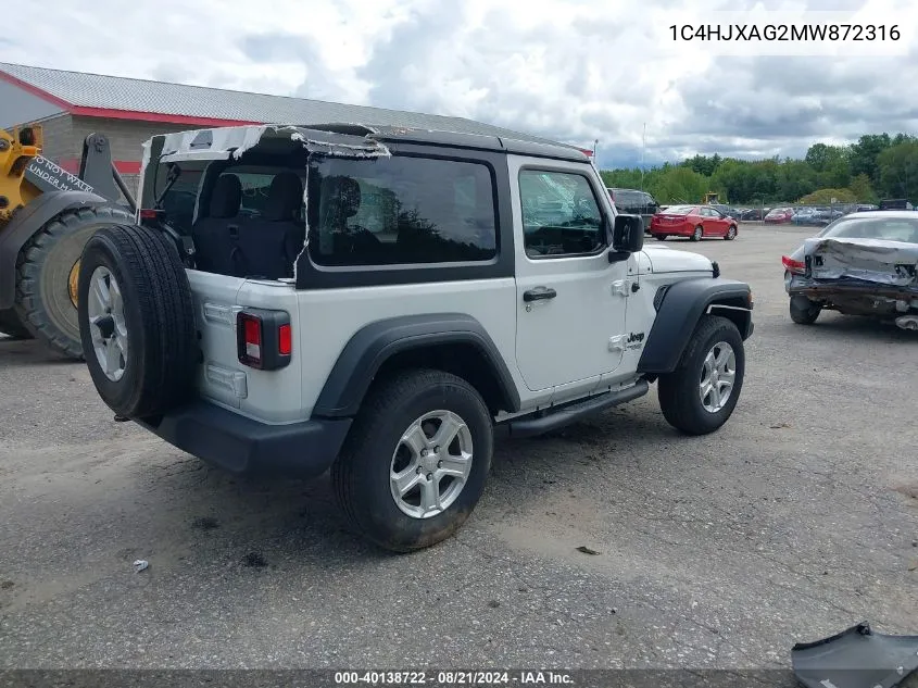 2021 Jeep Wrangler Sport S 4X4 VIN: 1C4HJXAG2MW872316 Lot: 40138722