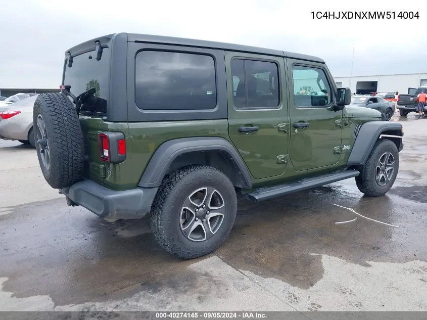 2021 Jeep Wrangler Unlimited Sport S 4X4 VIN: 1C4HJXDNXMW514004 Lot: 40274145