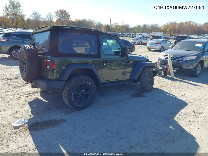 1C4HJXAG0MW727064 2021 Jeep Wrangler Willys 4X4