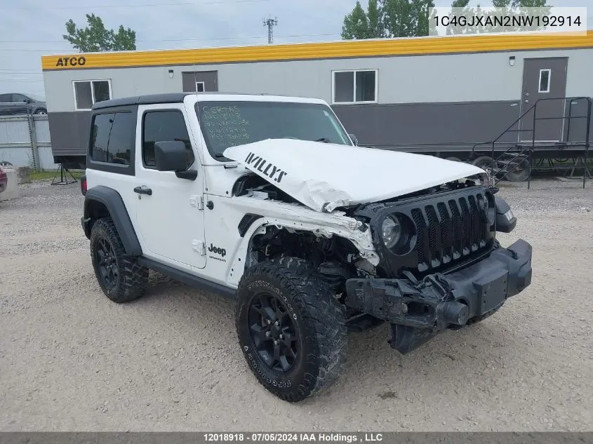 2022 Jeep Wrangler Sport VIN: 1C4GJXAN2NW192914 Lot: 12018918