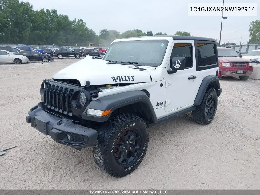 2022 Jeep Wrangler Sport VIN: 1C4GJXAN2NW192914 Lot: 12018918