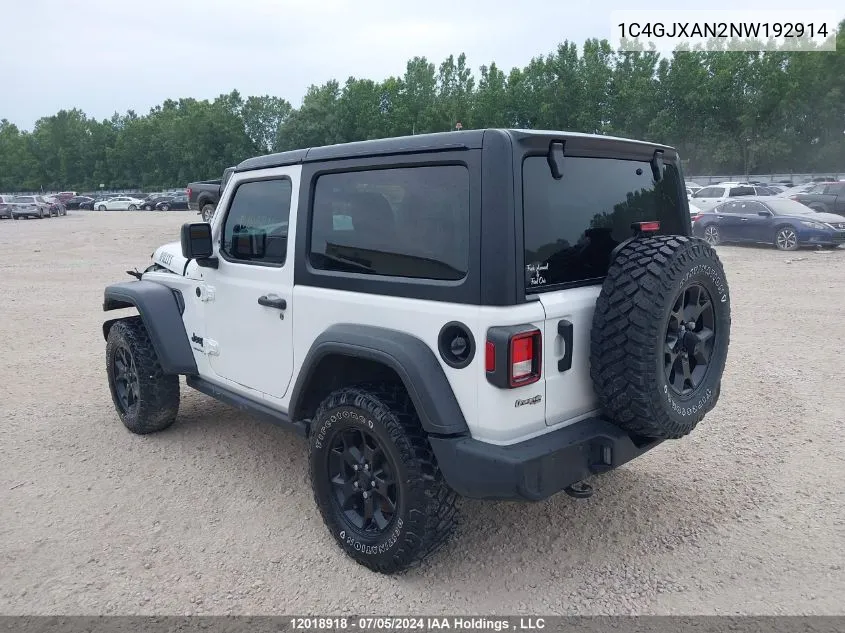 2022 Jeep Wrangler Sport VIN: 1C4GJXAN2NW192914 Lot: 12018918