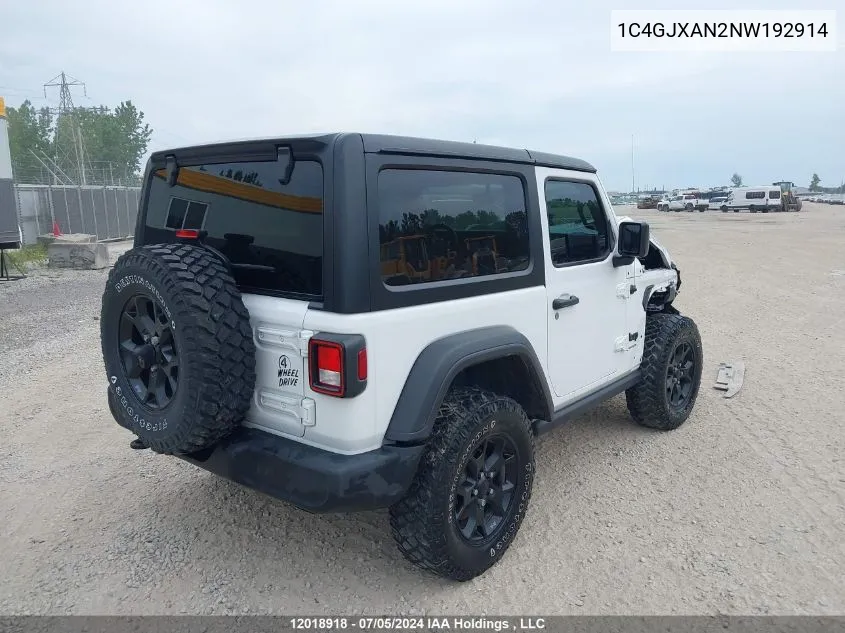 2022 Jeep Wrangler Sport VIN: 1C4GJXAN2NW192914 Lot: 12018918