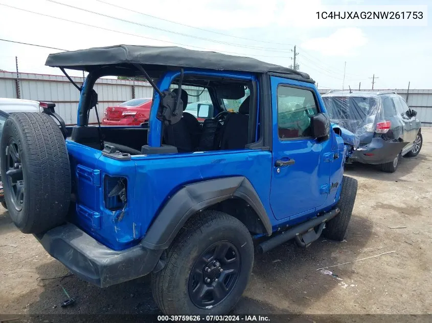 2022 Jeep Wrangler Sport 4X4 VIN: 1C4HJXAG2NW261753 Lot: 39759626