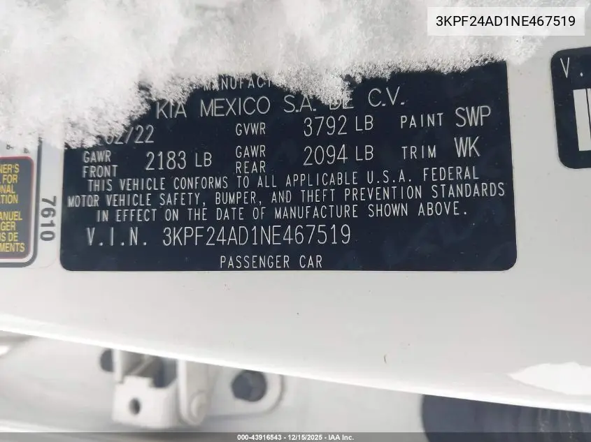 3KPF24AD1NE467519 2022 Kia Forte Lxs